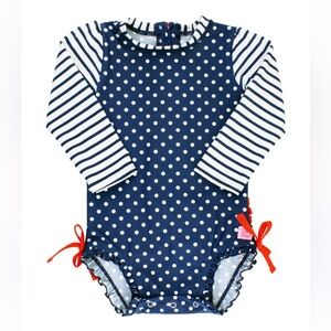 Ruffle Butts Navy Polka Dot Long-Sleeve Rash Guard One-Piece size 18-24 months